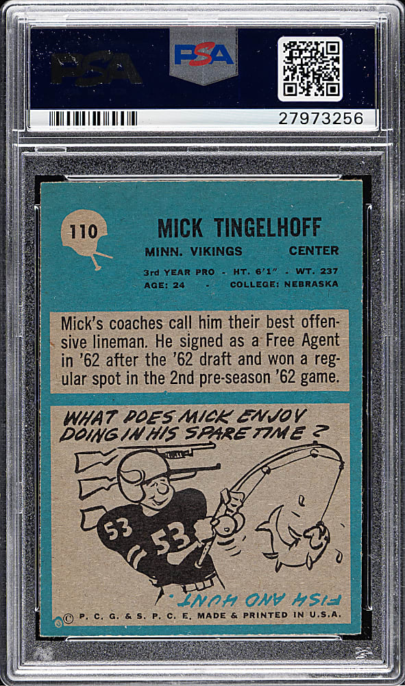 1964 Philadelphia Football #110 Mick Tingelhoff Rookie PSA MINT 9