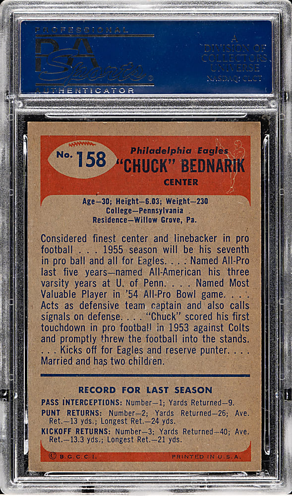 1955 Bowman Football #158 Chuck Bednarik PSA NM-MT 8 - Highest Graded!