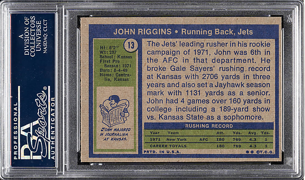 1972 Topps Football #13 John Riggins Rookie PSA MINT 9