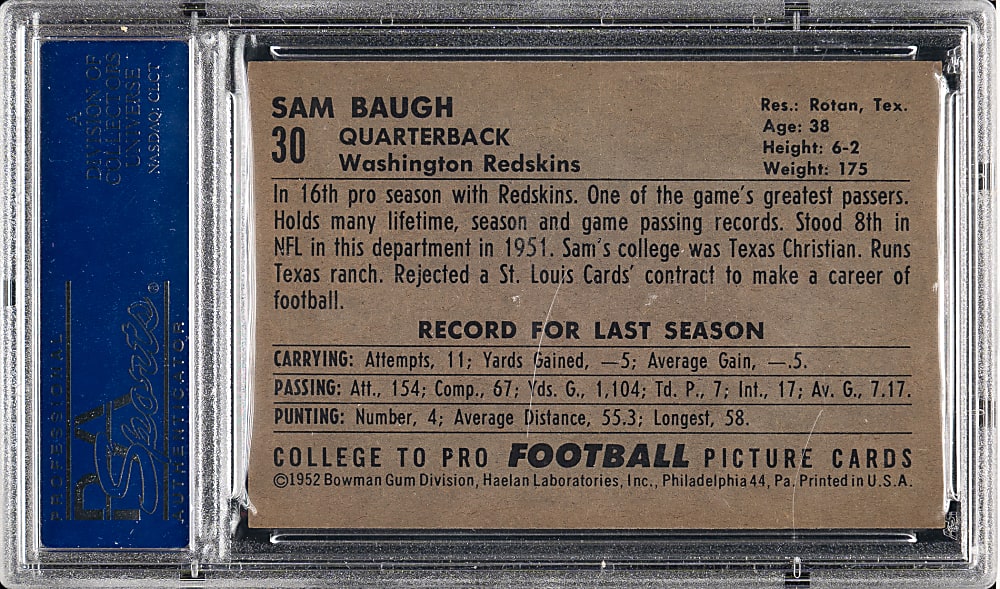 1952 Bowman Large Football #30 Sammy Baugh PSA NM 7
