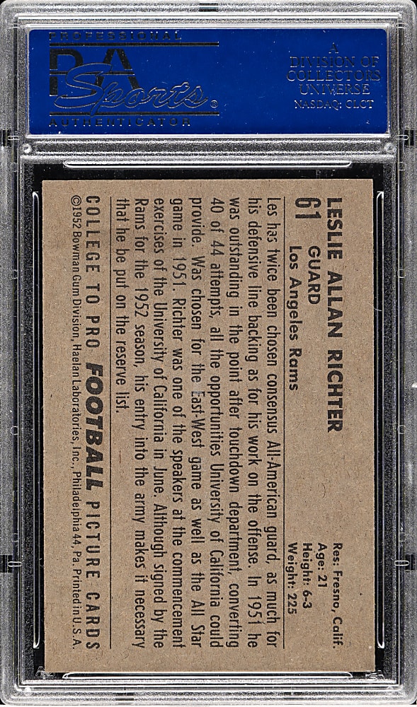 1952 Bowman Large Football #61 Les Richter Rookie PSA NM 7