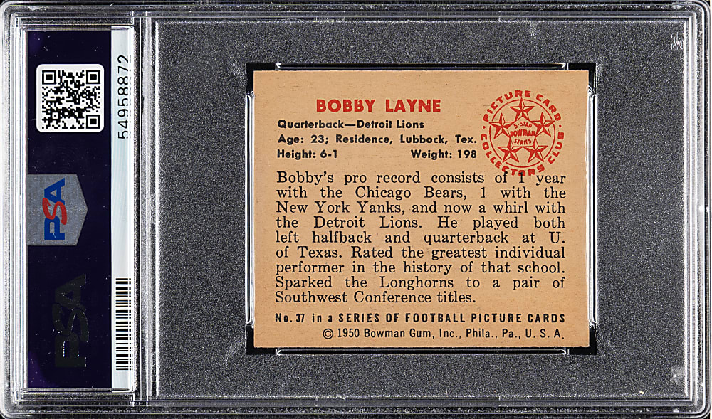1950 Bowman Football #37 Bobby Layne PSA NM-MT 8