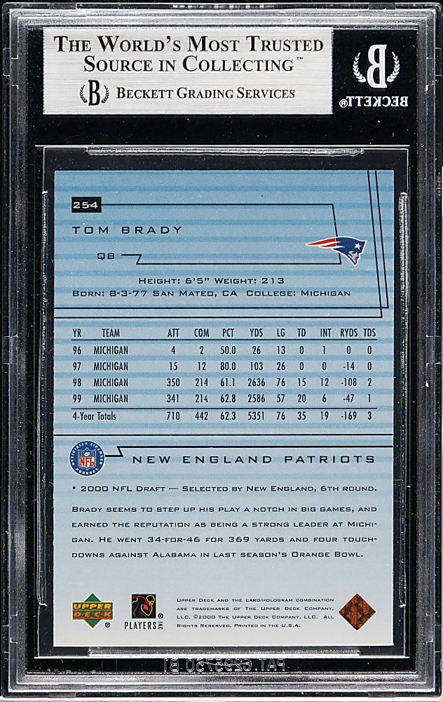 2000 Upper Deck Football #254 Tom Brady Rookie BGS MINT 9