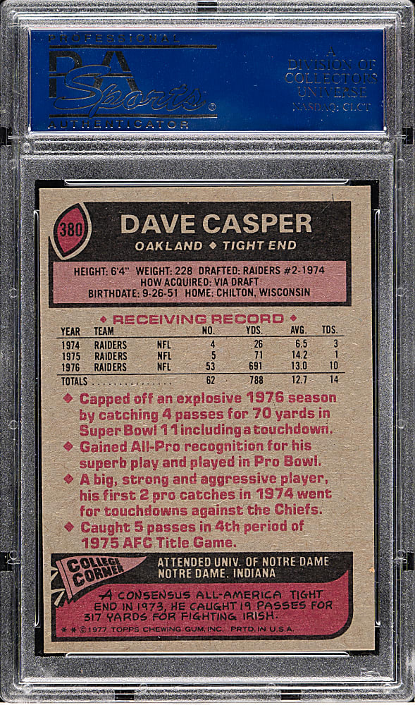 1977 Topps Football #380 Dave Casper Rookie PSA MINT 9