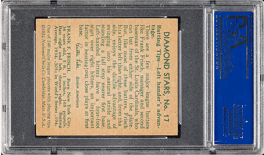 1934-1936 R327 Diamond Stars #17 Frankie Frisch (1935 Green Back) PSA NM 7