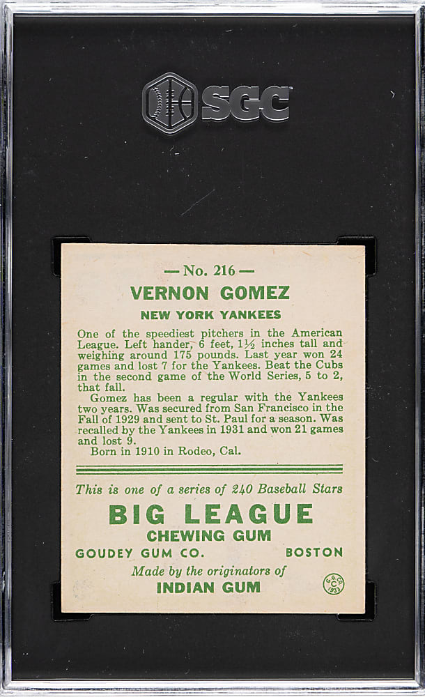 1933 R319 Goudey #216 Vernon Gomez SGC NM+ 7.5