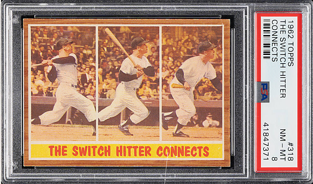 1962 Topps #318 The Switch Hitter Connects with Mickey Mantle PSA NM-MT 8