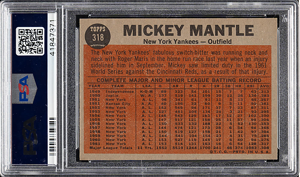 1962 Topps #318 The Switch Hitter Connects with Mickey Mantle PSA NM-MT 8