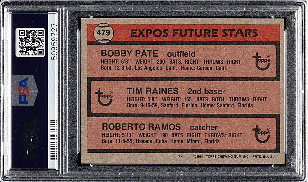 1981 Topps #479 Tim Raines Rookie PSA GEM MINT 10