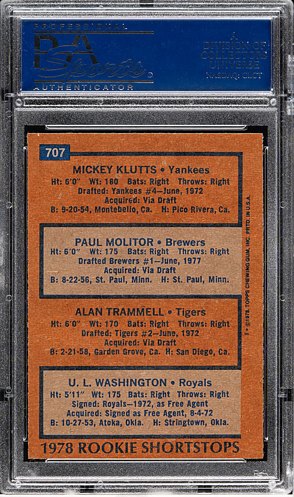 1978 Topps #707 Paul Molitor and Alan Trammell Rookie PSA MINT 9