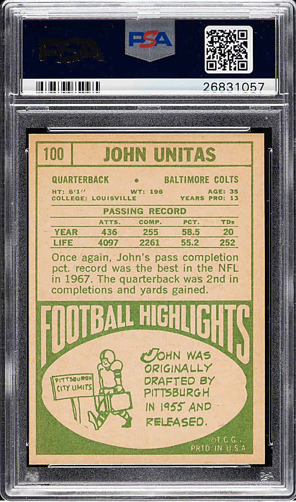 1968 Topps Football #100 John Unitas PSA MINT 9