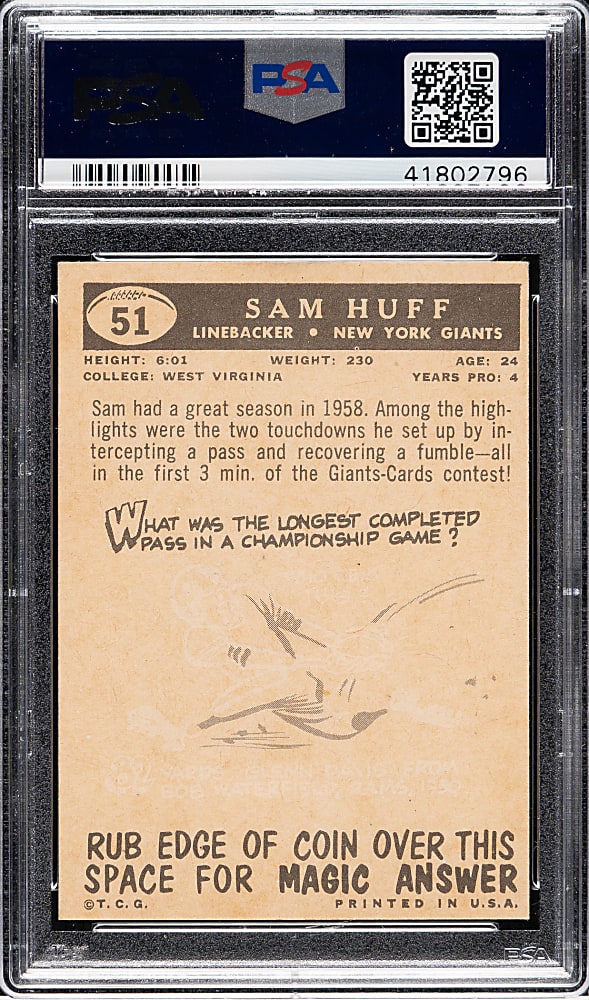 1959 Topps Football #51 Sam Huff Rookie PSA MINT 9