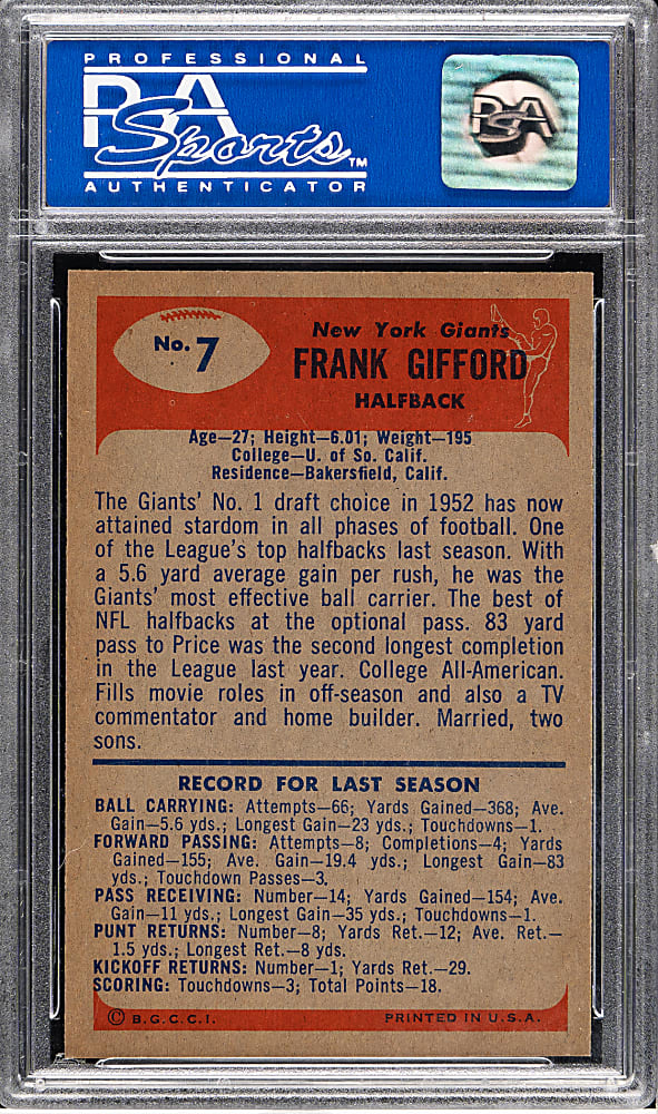 1955 Bowman Football #7 Frank Gifford PSA MINT 9 - Highest Graded!
