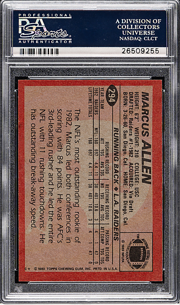 1983 Topps Football #294 Marcus Allen Rookie PSA GEM MINT 10