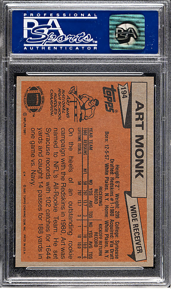 1981 Topps Football #194 Art Monk Rookie PSA GEM MINT 10