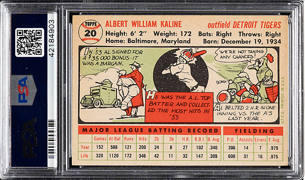 1956 Topps #20 Al Kaline White Back PSA NM-MT 8