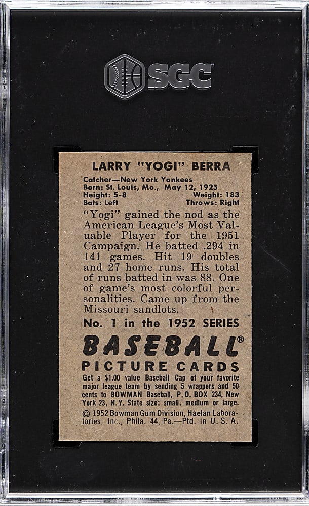 1952 Bowman #1 Yogi Berra SGC NM+ 7.5