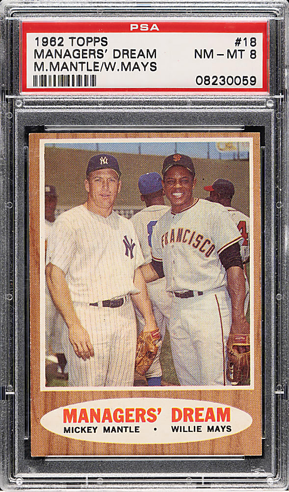 1962 Topps #18 Managers' Dream with Mickey Mantle and Willie Mays PSA NM-MT 8