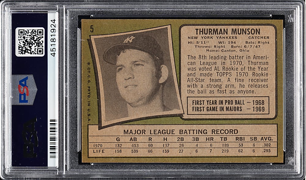 1971 Topps #5 Thurman Munson PSA NM-MT 8