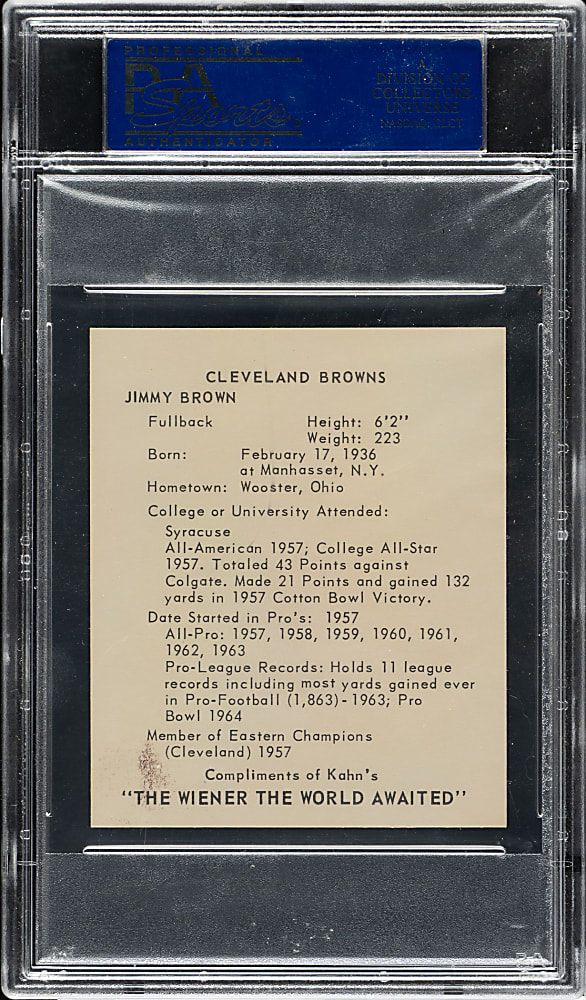 1964 Kahn's Wieners Football Jim Brown PSA NM-MT 8