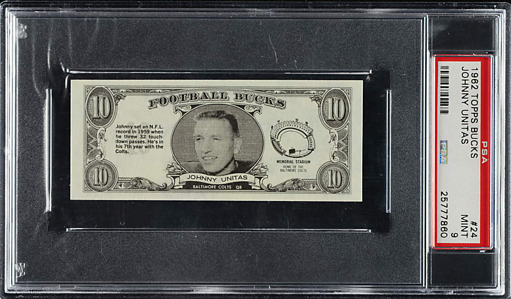 1962 Topps "Football Bucks" #24 Johnny Unitas PSA MINT 9