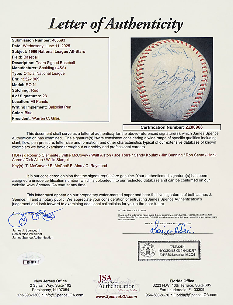 1966 National League All-Star Team-Signed Baseball with Clemente, Koufax, and Aaron - JSA
