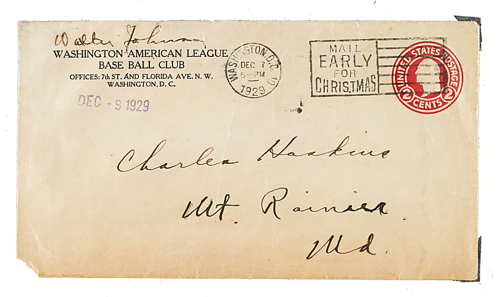1929 Walter Johnson Signed "Washington American League Base Ball Club" Envelope - JSA