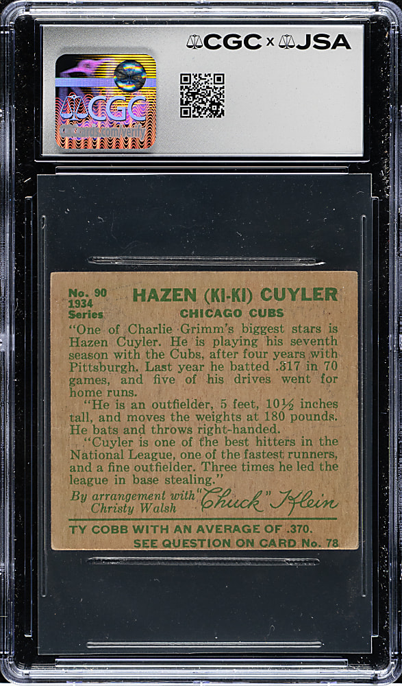 Signed 1934 R320 Goudey #90 KiKi Cuyler - CGC/JSA