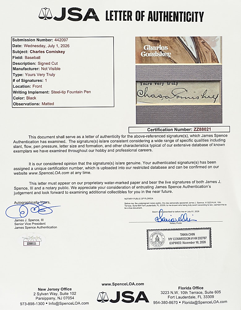 Charles Comiskey Cut Signature in Matted Display - JSA