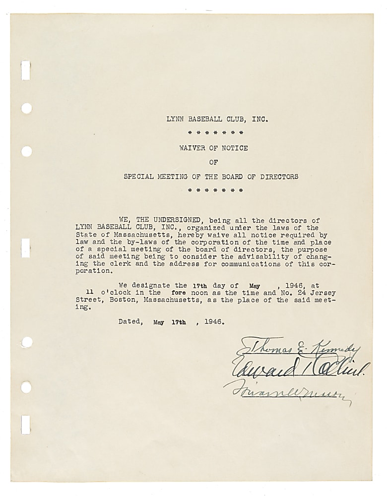 1946 Eddie Collins Multi-Signed Waiver of Notice Document - JSA