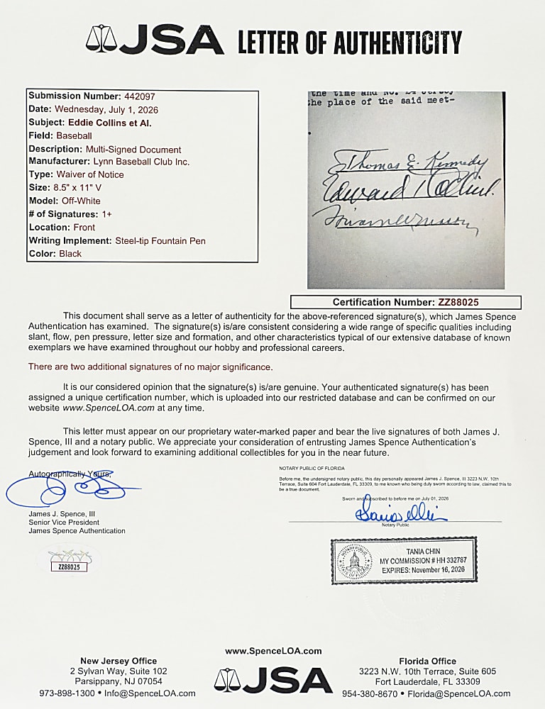 1946 Eddie Collins Multi-Signed Waiver of Notice Document - JSA