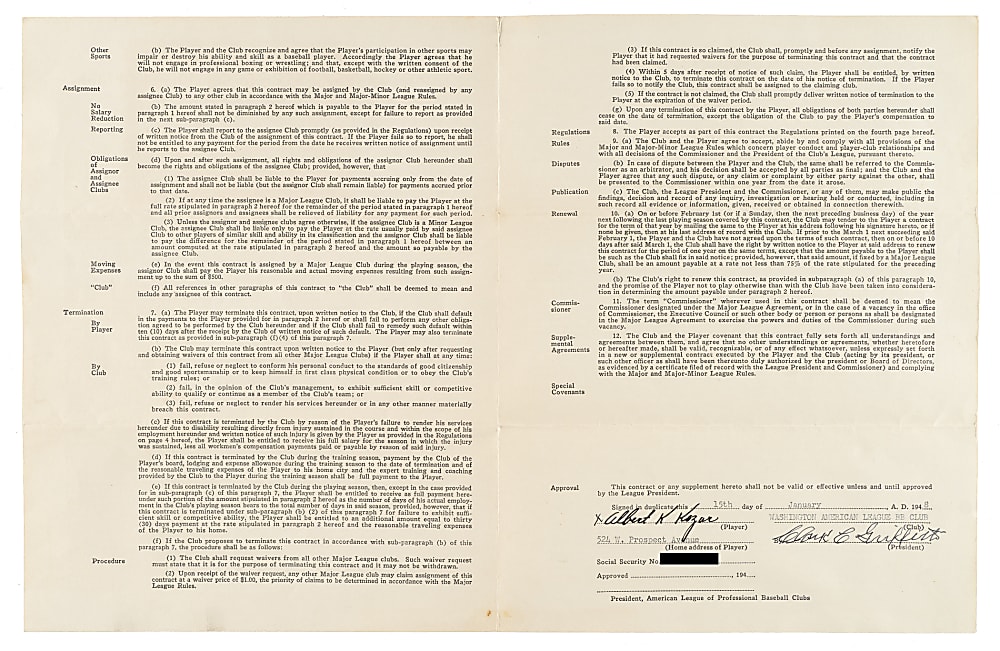 1948 Albert Kozar Washington Senators Player Contract Signed by Clark Griffith