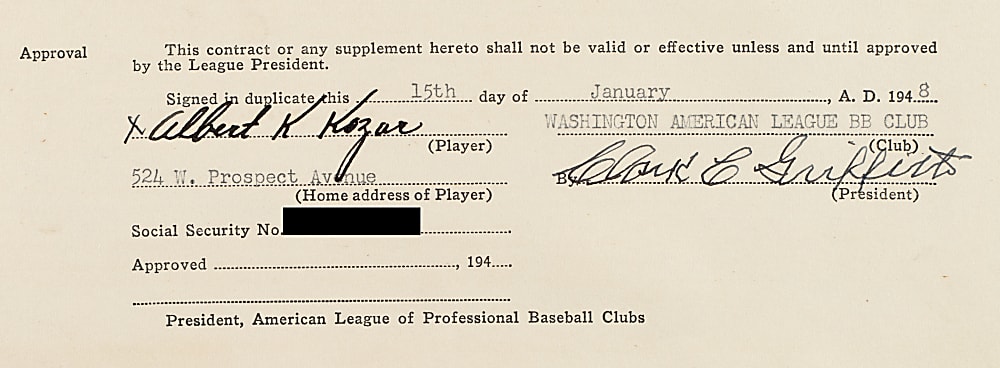 1948 Albert Kozar Washington Senators Player Contract Signed by Clark Griffith