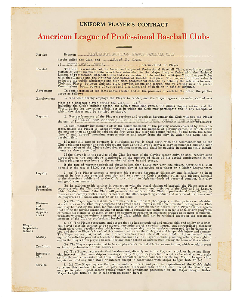 1948 Albert Kozar Washington Senators Player Contract Signed by Clark Griffith