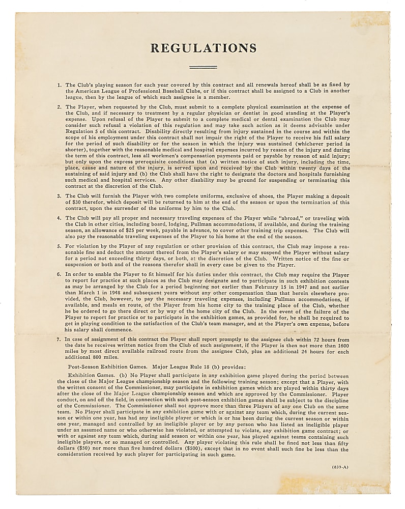 1948 Albert Kozar Washington Senators Player Contract Signed by Clark Griffith