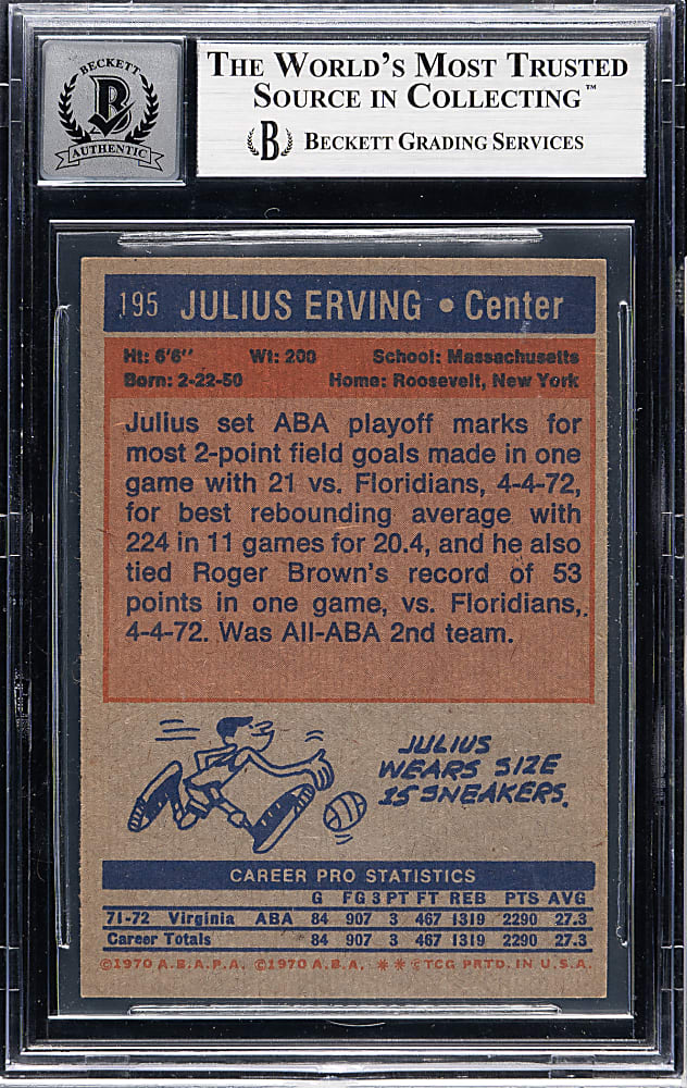 Signed 1972-1973 Topps Basketball #195 Julius Erving Rookie Beckett GEM MINT 10