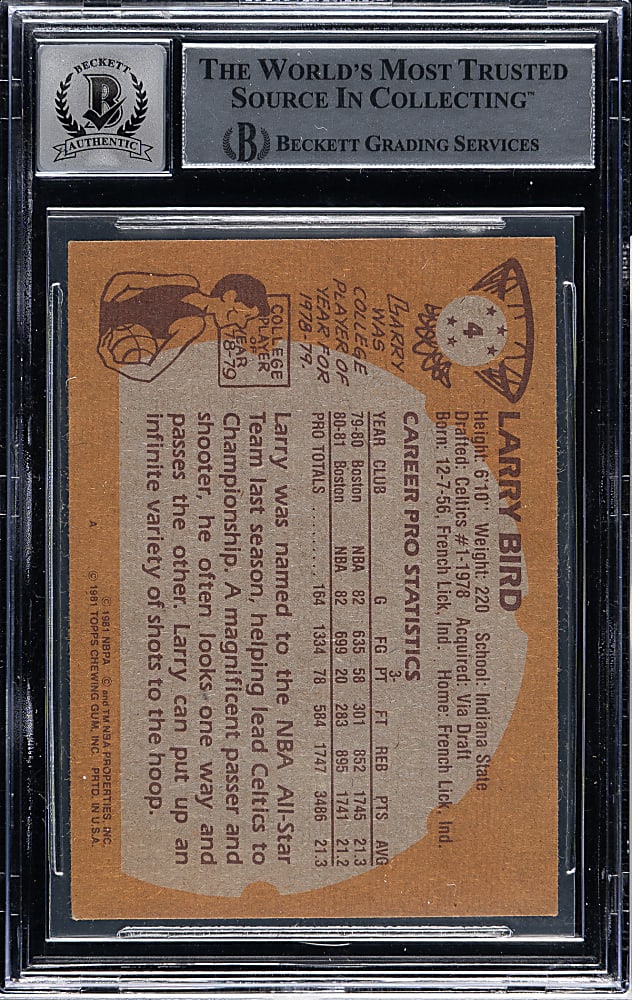 Signed 1981-1982 Topps Basketball #4 Larry Bird Beckett GEM MINT 10