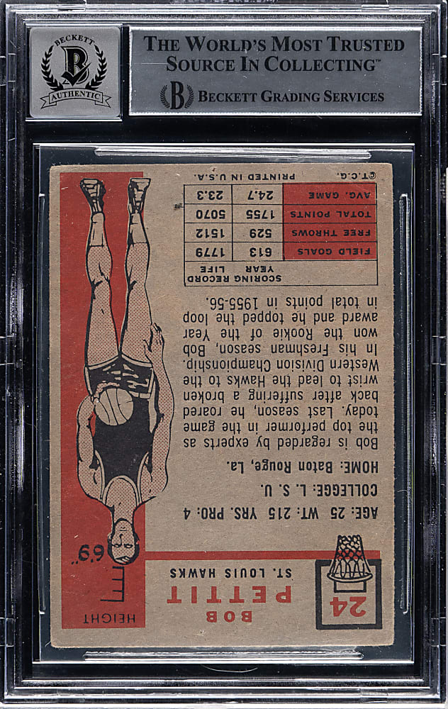 Signed 1957-1958 Topps Basketball #24 Bob Pettit Rookie Beckett GEM MINT 10