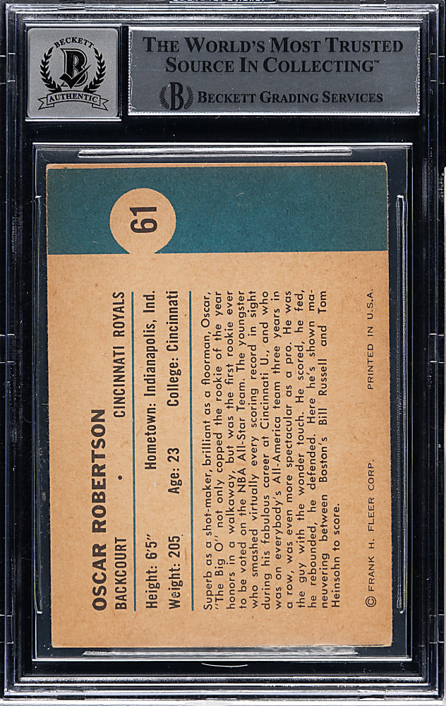 Signed 1961-1962 Fleer Basketball #61 Oscar Robertson In Action Beckett GEM MINT 10
