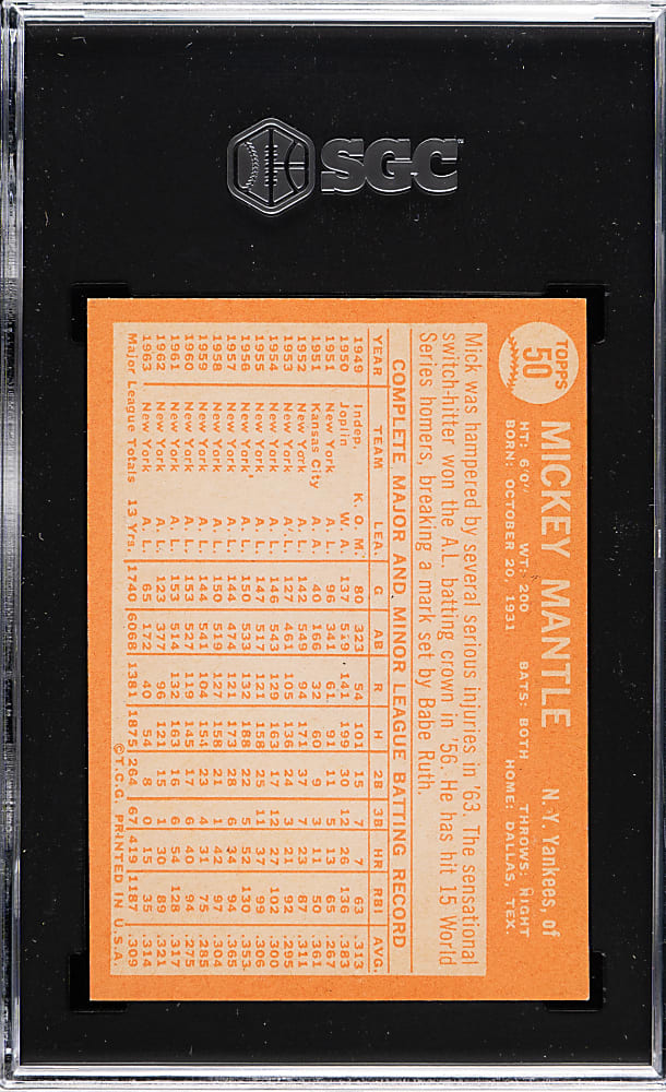 1964 Topps #50 Mickey Mantle SGC NM 7