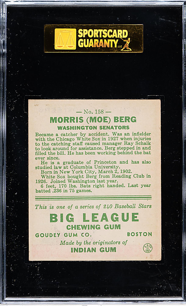 1933 R319 Goudey #158 Moe Berg SGC EX/NM 80