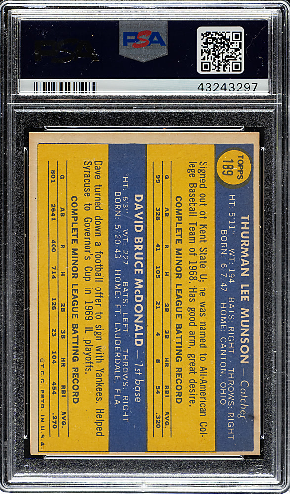 1970 Topps #189 Thurman Munson Rookie PSA NM-MT 8