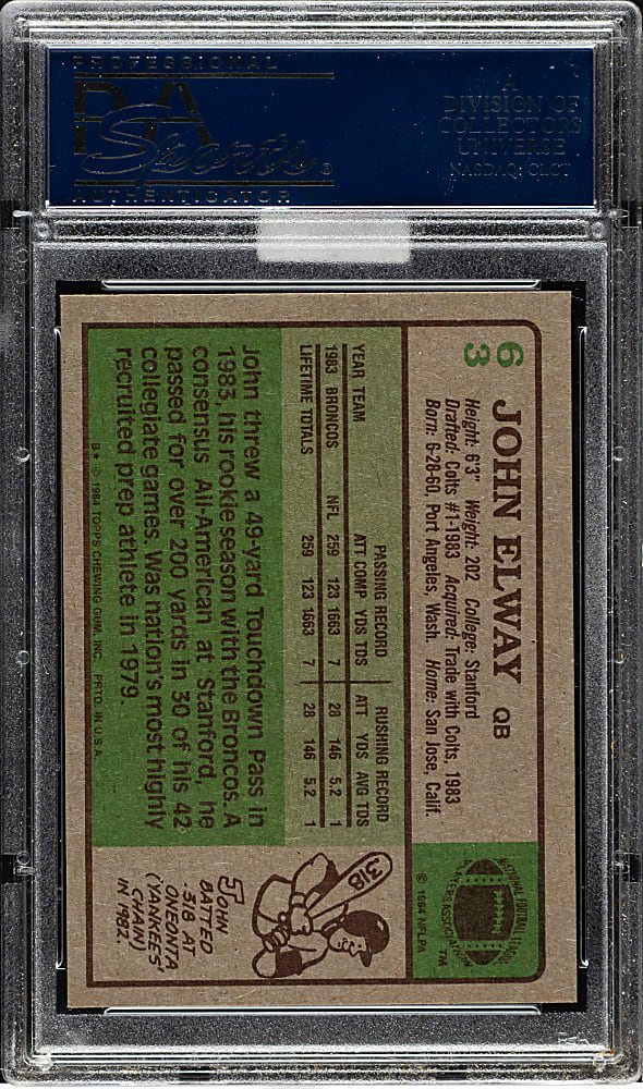 1984 Topps Football #63 John Elway Rookie PSA MINT 9 (MBA Gold Diamond)