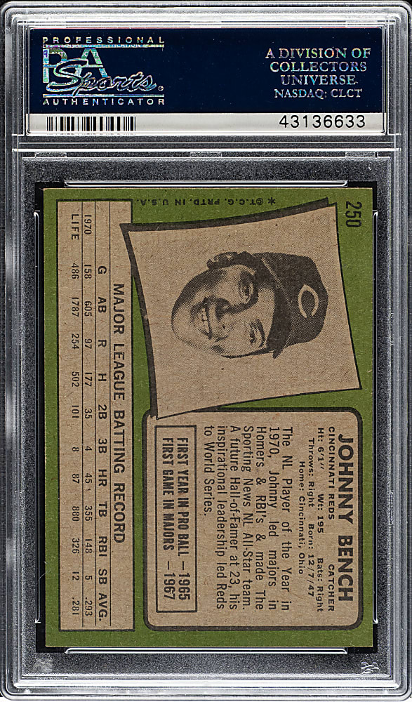 1971 Topps #250 Johnny Bench PSA NM-MT 8
