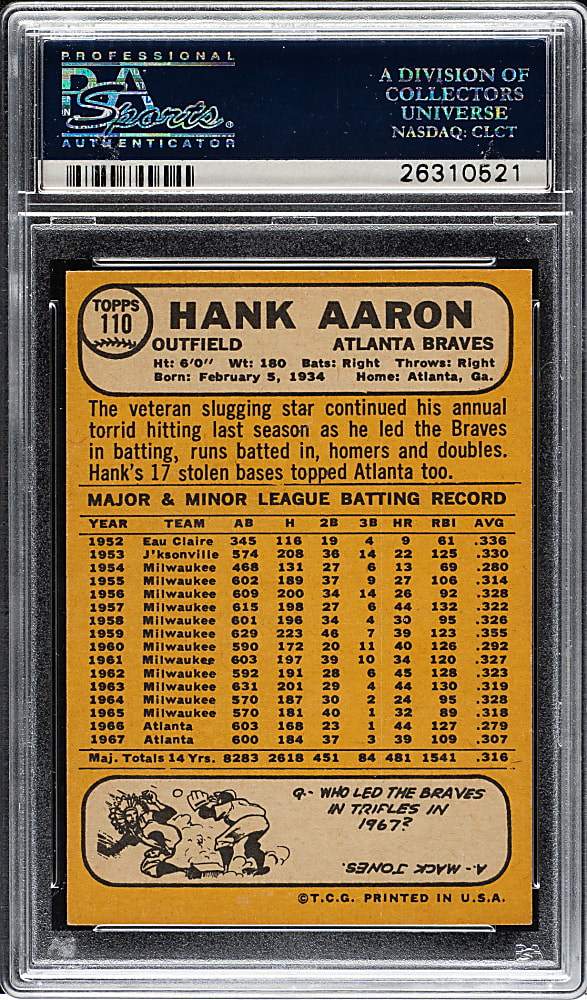 1968 Topps #110 Hank Aaron PSA MINT 9