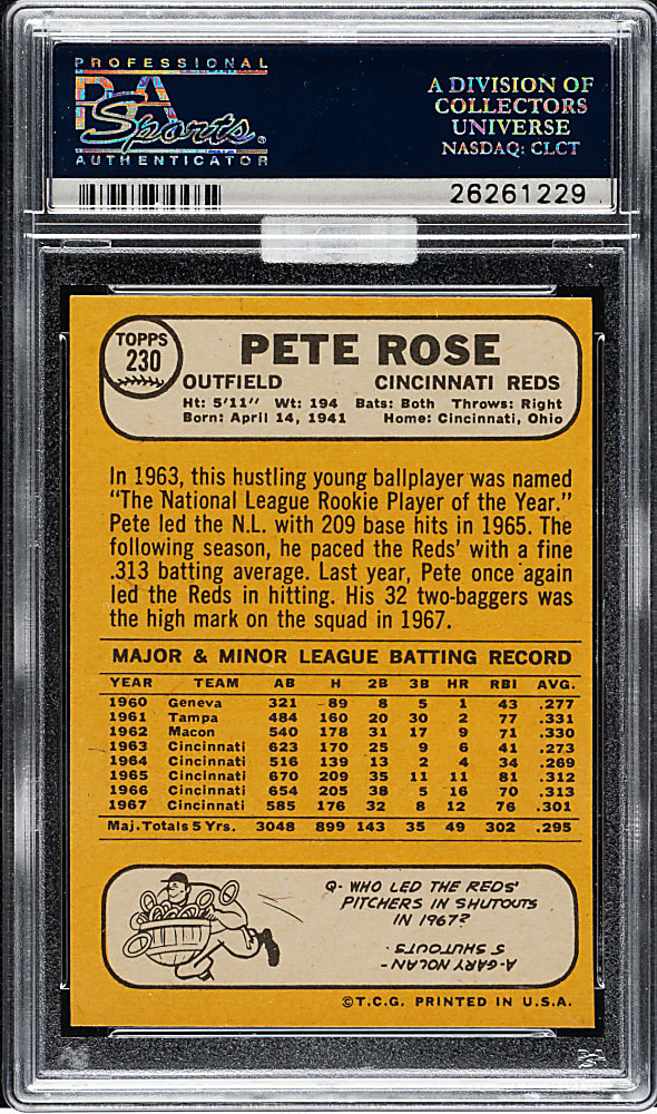 1968 Topps #230 Pete Rose PSA MINT 9 (MBA Silver Diamond)
