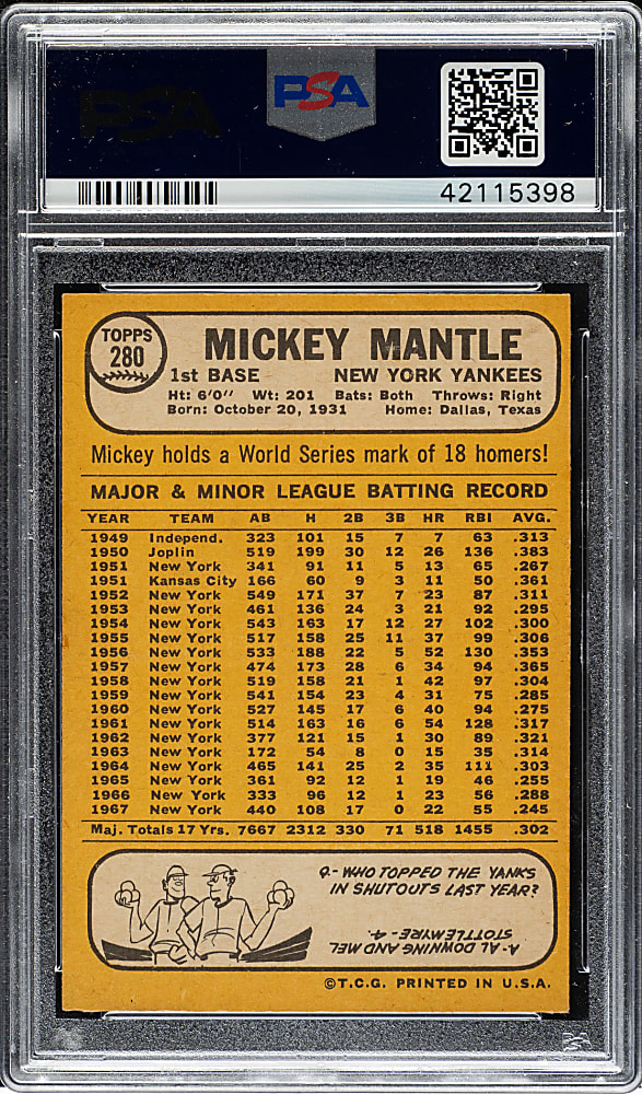 1968 Topps #280 Mickey Mantle PSA NM-MT 8