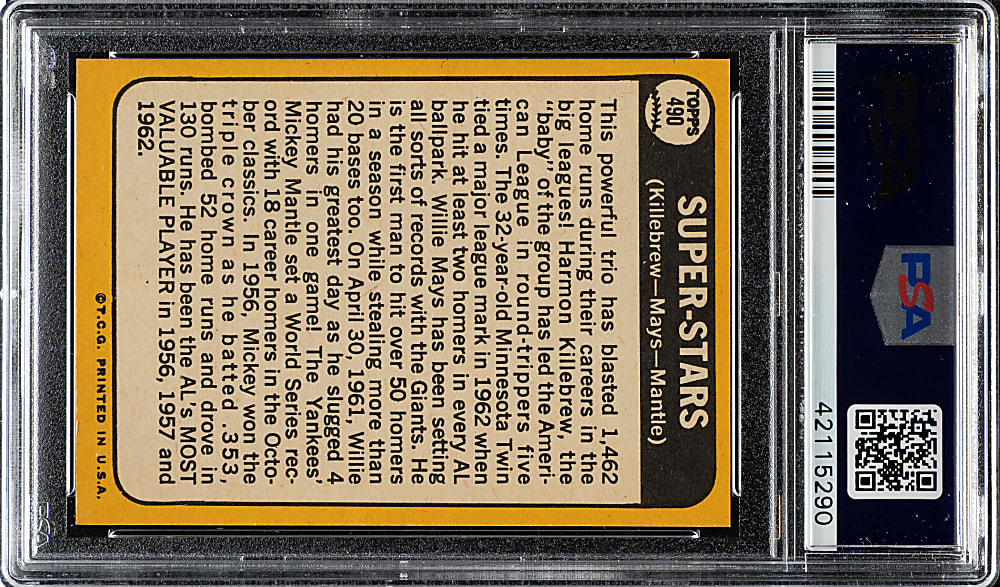 1968 Topps #490 Super Stars with Killebrew, Mays, and Mantle PSA MINT 9