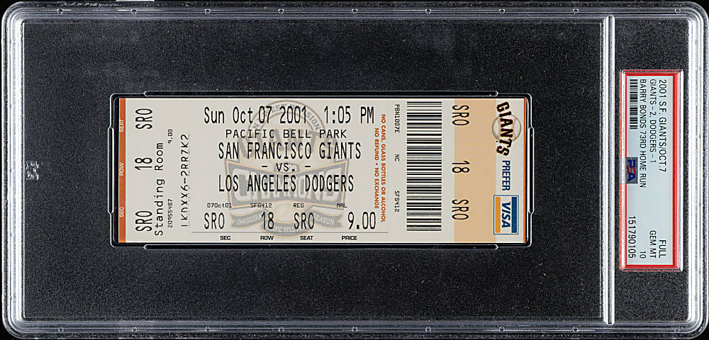 October 7, 2001 San Francisco Giants (vs. Los Angeles Dodgers) Full Ticket PSA GEM MINT 10 - Barry Bonds 73rd Home Run