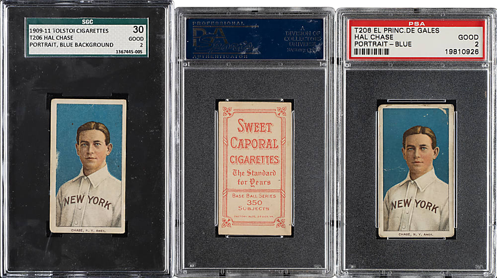 1909-1911 T206 White Border Hal Chase Portrait Blue Background PSA- and SGC-Graded Partial Advertisement Back Set (11/22) Including Tolstoi, El Principe De Gales, and Sovereign Backs